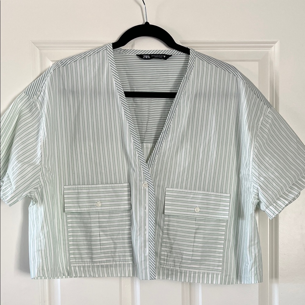 Zara Men Mint Green & White Striped Short-Sleeve Button Shirt